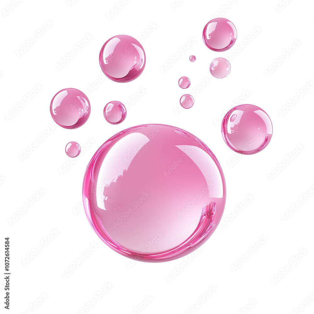 Poster pink liquid drops float on isolated transparent background. round transparent spheres. oil drops, bu