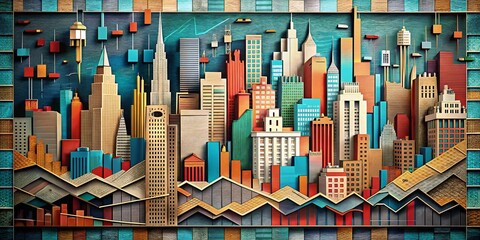 Abstract Paper Cut Collage of Trading Chart Patterns and Infographics Showcasing Urban Exploration with a Blend of Financial Data and Creative Design Elements