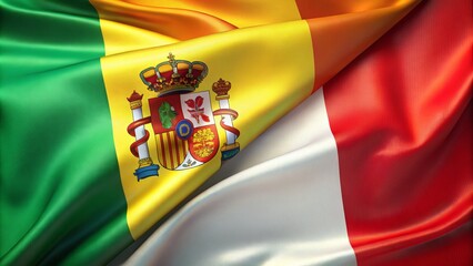Fototapeta premium Abstract Representation of the Ireland Flag Next to the Spain Flag in a 3D Rendered Artwork, Showcasing Vibrant Colors and Textures for Impactful Visuals