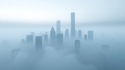 Naklejka premium Mist envelops skyscrapers in a dreamlike urban landscape capturing the essence of modern architecture