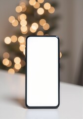 Modern smartphone with white screen on the blurred lights bokeh background 
