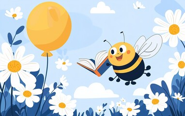 Fototapeta premium A cheerful bee reading a book while holding a yellow balloon amidst blooming daisies on a sunny day in a vibrant meadow