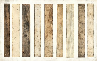 A collection of wooden planks displaying various textures and colors aligned neatly on a light background creating an artistic pattern