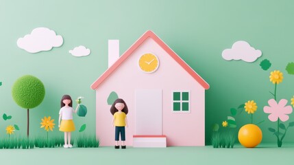 Create a cheerful and inviting garden scene featuring a pink house with animated characters