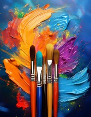A set of paintbrushes lay on a canvas with colorful paint strokes.