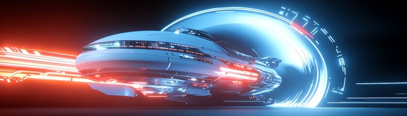 Futuristic spaceship accelerates through a neon portal in a dazzling sci-fi landscape