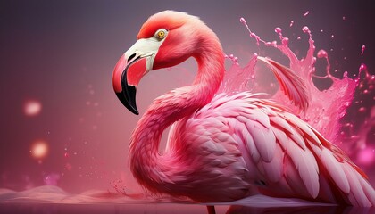 Fototapeta premium A vibrant pink flamingo stands in a pool of pink liquid with a splash behind it.