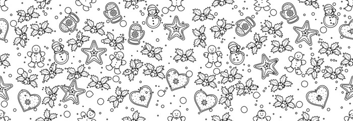 Seamless Christmas banner with elements of gingerbread cookies and Christmas berries. coloring book.