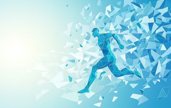 A dynamic runner bursts through abstract shards in a vibrant blue background, showcasing motion and energy