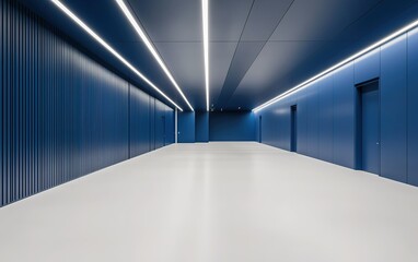 Contemporary blue corridor with modern lighting and sleek design in an indoor space