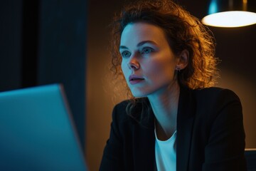 Geschäftsfrau Porträt Laptop Videokonferenz konzentriert Abendlicht moderne Büroatmosphäre Remote Arbeit Technologie digitale Kommunikation Homeoffice Teammeeting professionelle Frau Karriere Business