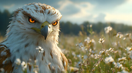 Obraz premium Majestic hawk perched among blooming flowers in a serene meadow at golden hour light