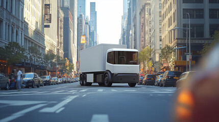 Obraz premium Electric Truck Navigating Busy City Street, demonstrating smooth performance in urban areas