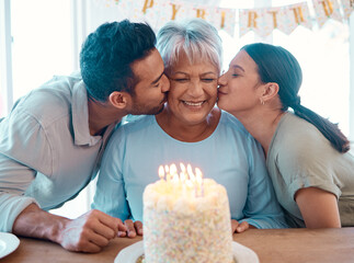 Man, woman and senior parent with birthday party, kiss and cake for love and celebration. Home,...