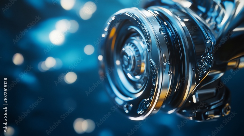 Poster close-up of a shiny silver robotic arm with intricate gears and details against a blurred blue backg