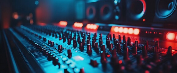 Close-up of a sound mixer with faders and knobs in a recording studio lit with blue and red lights. © VINA