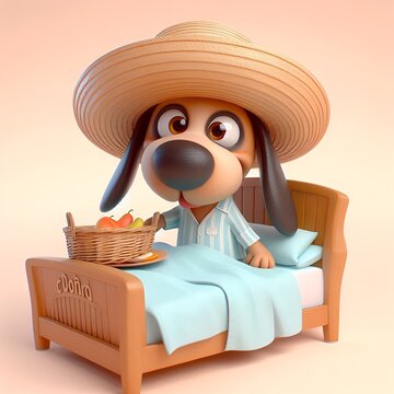 ilustracion de un perro desayunando en la cama 