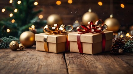 christmas gift boxes on a wooden table, cozy background copy space