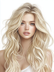 Fototapeta premium portrait of a woman with long voluminous hair against a white background, close up