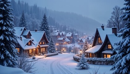 Naklejka premium Cozy winter village with snow-covered houses and warm lights glowing in evening twilight 