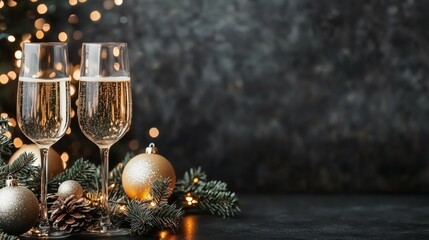 Two champagne glasses on table with holiday decorations and space for text