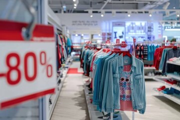 Kids retail store view with jeans garments hanging and a large discount sign reading 80% off...