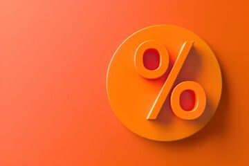 Minimalistic discount sign with a "%" on an orange background, ample copy space included..
