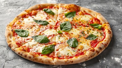 Margherita pizza against grey backdrop