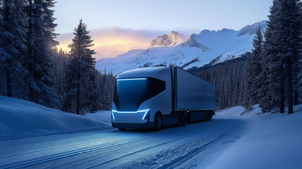 Electric Truck on a Snowy Mountain Pass with LED headlights on, showcasing winter durability