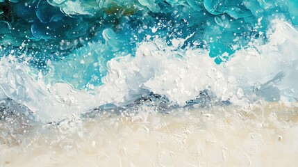 Vibrant abstract ocean waves crashing on sandy beach for travel agency advertising concept