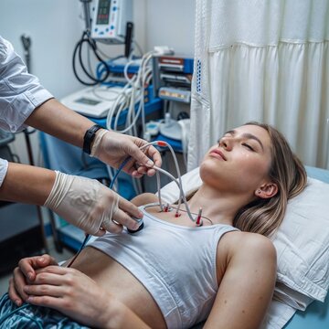 doctor's hands conducting electromyography study and nerve conduction in younger woman