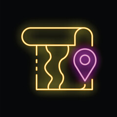 Neon sign of a map with a location pin in purple showing the destination