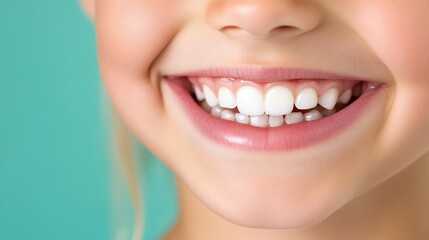 Obraz premium Close-up of smiling child Teeth and gums are healthy and well-groomed. Soft pastel green background color