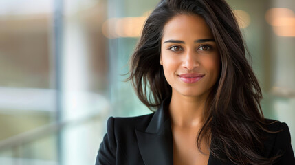 This confident businesswoman exudes success and charm, showcasing her professional demeanor and captivating smile.