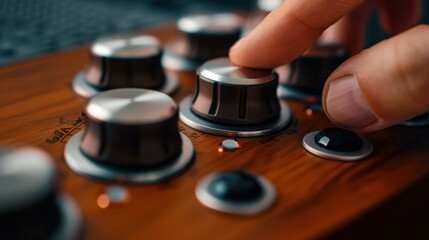 Obraz premium A hand adjusts the volume knobs on a speaker panel, perfecting the sound and enhancing the music experience.
