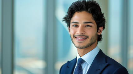 Strong Arab businessman leads a meeting, exuding confidence and professionalism in a sleek modern office.
