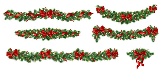 Christmas tree garlands. Realistic pine tree branches with red bows and ribbons. Decoration for holiday banners, party posters, cards, headers, social media. Transparent background in vector file.