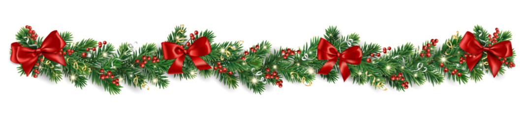 Christmas tree garland. Realistic pine tree branches with red bow and ribbons. Decoration for holiday banners, party posters, cards, headers, social media. Transparent background in vector file.