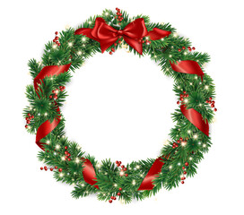 Christmas tree wreath. Realistic pine tree branches with red bow and ribbons. Decoration for holiday banners, party posters, cards, headers, social media. Transparent background in vector file. © Olga Prozorova
