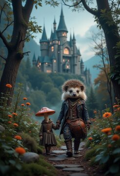 A hedgehog dressed as a knight walks with a small character through a flower-filled path near a grand castle at dusk