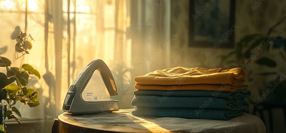 Poster Iron and folded clothes on a table in front of a window with morning light.