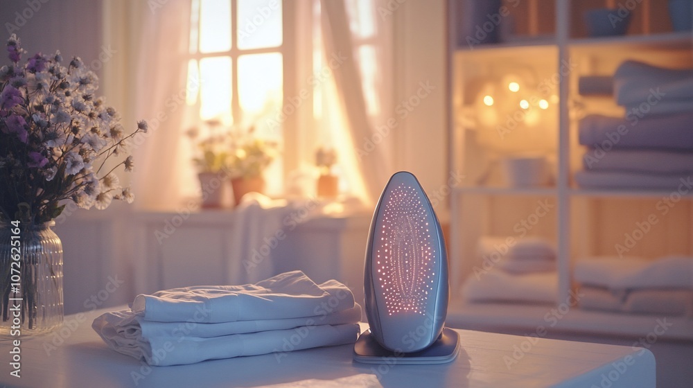 Aufkleber iron on a table with a stack of white clothes, a bouquet of flowers and a window in the background.