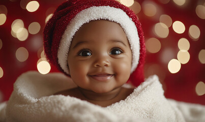 Adorable Baby Snuggled Under Cozy Towel, Surrounded by Festive Red Twinkle Lights - Heartwarming Christmas Stock Photo.