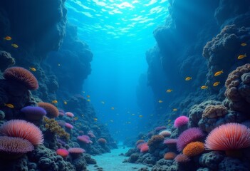 Obraz premium Vibrant coral reef with colorful sea anemones and schooling fish in a tranquil underwater landscape