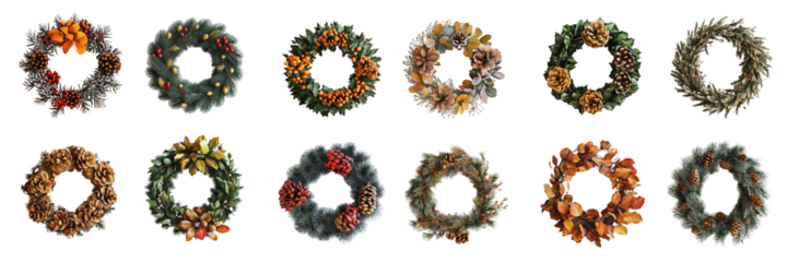 Set of Christmas frame wreath with evergreen fir tree and red and yellow berries isolated on transparent background 