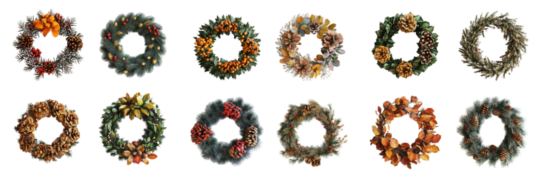 Set of Christmas frame wreath with evergreen fir tree and red and yellow berries isolated on transparent background  - Powered by Adobe