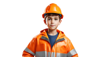 Young Boy in Safety Helmet and Vest – Aspiring Future Engineer