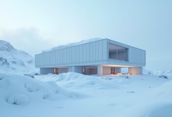 Naklejka premium Modern architecture set against a snowy mountain landscape during early morning light in a tranquil winter environment
