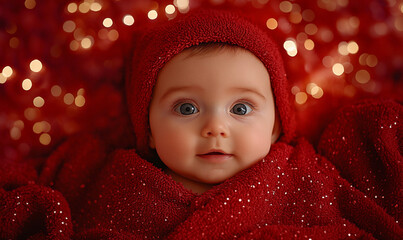 Sweet Baby Wrapped in a Soft Towel with Twinkling Red Holiday Background - Perfect for Christmas and Seasonal Marketing.