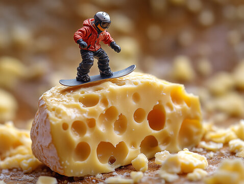Mała figurka Snowbordzisty jeździ po kostce ż&oacute;łtego sera